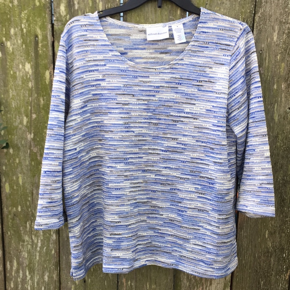 Alfred Dunner Knit Top Medium Blue, Gray and White